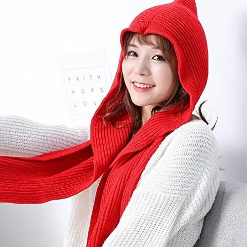 Women Winter 3 in 1 Hooded Hat Scarf Wrap Shawl Crochet Knit Pullover Neckwarmer - 7