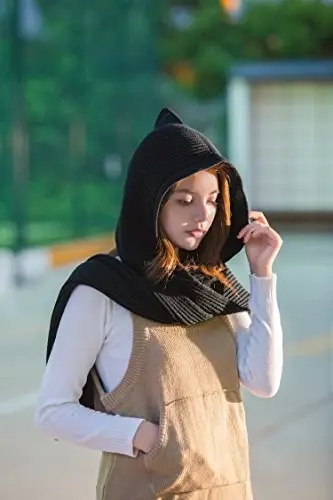 Women Winter 3 in 1 Hooded Hat Scarf Wrap Shawl Crochet Knit Pullover Neckwarmer - 4