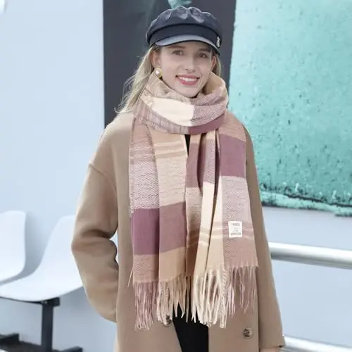 Women's Winter Scarf Large Warm Shawl Wraps Plaid Oversized Thick Scarves - 5