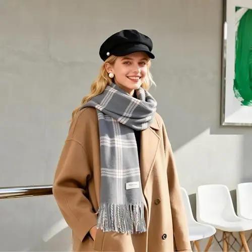 Women's Winter Scarf Large Warm Shawl Wraps Plaid Oversized Thick Scarves - 5