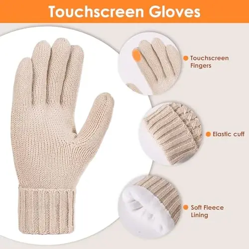 Women Winter Beanie Hat Gloves Set Pom Hat with Warm Fleece Lined Touchscreen Gloves for Cold Weather - 4