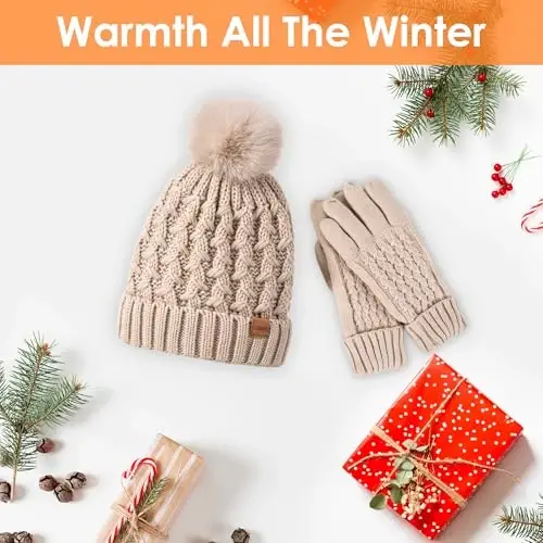 Women Winter Beanie Hat Gloves Set Pom Hat with Warm Fleece Lined Touchscreen Gloves for Cold Weather - 5