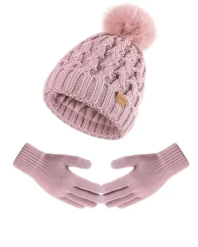 Women Winter Beanie Hat Gloves Set Pom Hat with Warm Fleece Lined Touchscreen Gloves for Cold Weather - 5