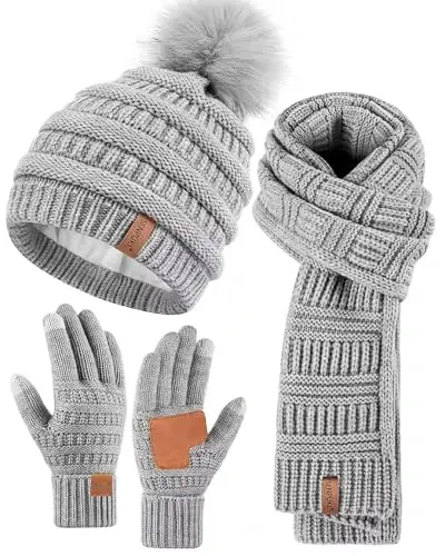 Womens Winter Beanie Scarf Gloves Set, Pom Pom Hat with Warm Fleece Lined Long Knit Scarf Touchscreen Gloves for Cold Weather 