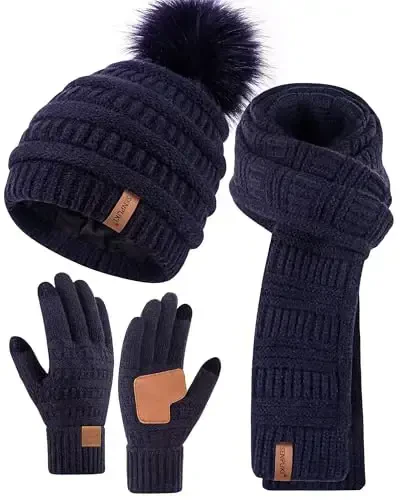Womens Winter Beanie Scarf Gloves Set, Pom Pom Hat with Warm Fleece Lined Long Knit Scarf Touchscreen Gloves for Cold Weather - 1