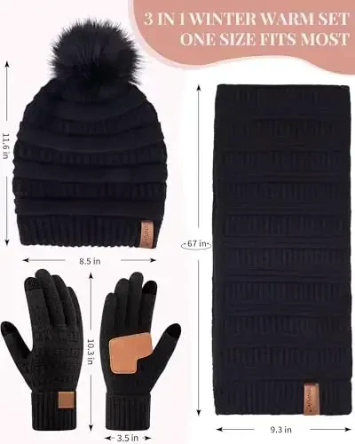 Womens Winter Beanie Scarf Gloves Set, Pom Pom Hat with Warm Fleece Lined Long Knit Scarf Touchscreen Gloves for Cold Weather - 6