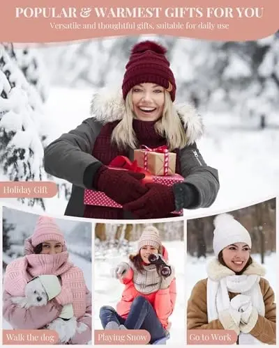 Womens Winter Beanie Scarf Gloves Set, Pom Pom Hat with Warm Fleece Lined Long Knit Scarf Touchscreen Gloves for Cold Weather - 2