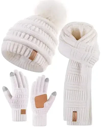 Womens Winter Beanie Scarf Gloves Set, Pom Pom Hat with Warm Fleece Lined Long Knit Scarf Touchscreen Gloves for Cold Weather - 1