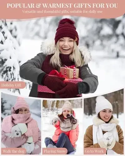 Womens Winter Beanie Scarf Gloves Set, Pom Pom Hat with Warm Fleece Lined Long Knit Scarf Touchscreen Gloves for Cold Weather - WOMENS (1)