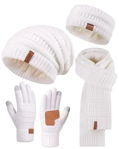 Womens Winter Beanie Hat Scarf Gloves Headband Set, Slouchy Beanie Ear Warmer Knit Scarf Touchscreen Gloves Warm 4 Gift Set - 1