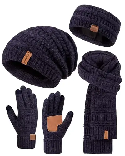 Womens Winter Beanie Hat Scarf Gloves Headband Set, Slouchy Beanie Ear Warmer Knit Scarf Touchscreen Gloves Warm 4 Gift Set - WOMENS