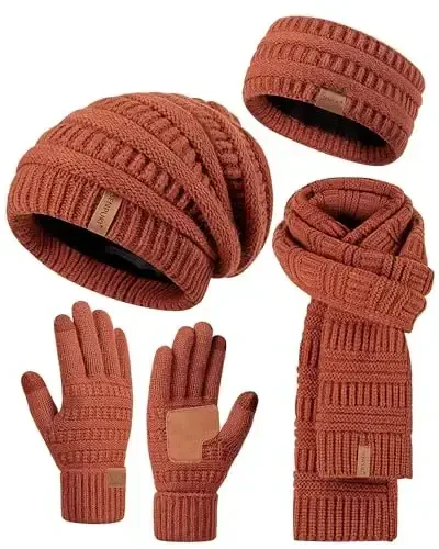 Womens Winter Beanie Hat Scarf Gloves Headband Set, Slouchy Beanie Ear Warmer Knit Scarf Touchscreen Gloves Warm 4 Gift Set - WOMENS