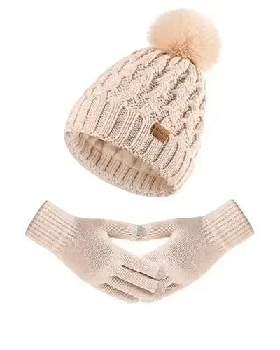 Women Winter Beanie Hat Gloves Set Pom Hat with Warm Fleece Lined Touchscreen Gloves for Cold Weather - 6