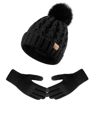 Women Winter Beanie Hat Gloves Set Pom Hat with Warm Fleece Lined Touchscreen Gloves for Cold Weather - 5