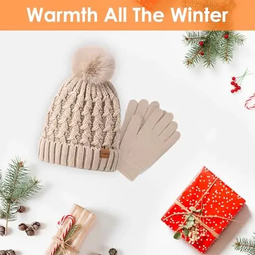 Women Winter Beanie Hat Scarf Gloves Set Pom Hat with Warm Fleece Lined Long Knit Scarf Touchscreen Gloves for Cold Weather - Modazone (1)