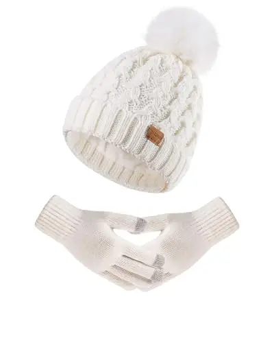 Women Winter Beanie Hat Scarf Gloves Set Pom Hat with Warm Fleece Lined Long Knit Scarf Touchscreen Gloves for Cold Weather - 5