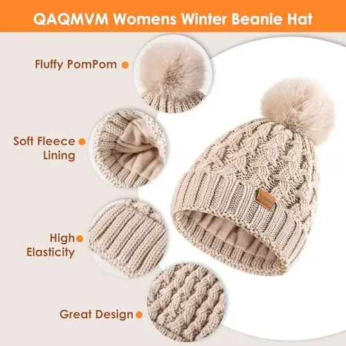 Women Winter Beanie Hat Gloves Set Pom Hat with Warm Fleece Lined Touchscreen Gloves for Cold Weather - 4