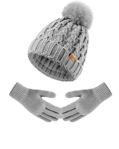 Women Winter Beanie Hat Gloves Set Pom Hat with Warm Fleece Lined Touchscreen Gloves for Cold Weather - 6