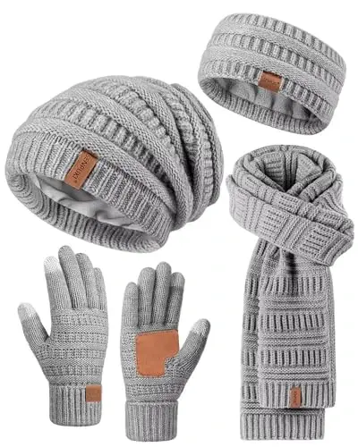 Womens Winter Beanie Hat Scarf Gloves Headband Set, Slouchy Beanie Ear Warmer Knit Scarf Touchscreen Gloves Warm 4 Gift Set - WOMENS