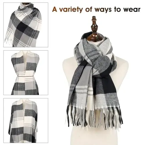 Women's Winter Scarf Large Warm Shawl Classic Tassel Plaid Oversized Scarves Thick Wraps - 4