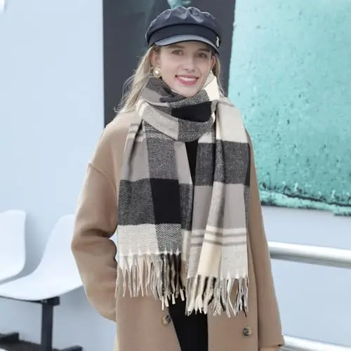 Women's Winter Scarf Large Warm Shawl Classic Tassel Plaid Oversized Scarves Thick Wraps - 6