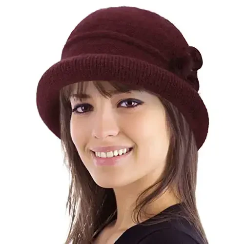 Women Winter Knit 1920s Vintage Bucket Bowler Hat Round Brim Warm Hat - WOMEN