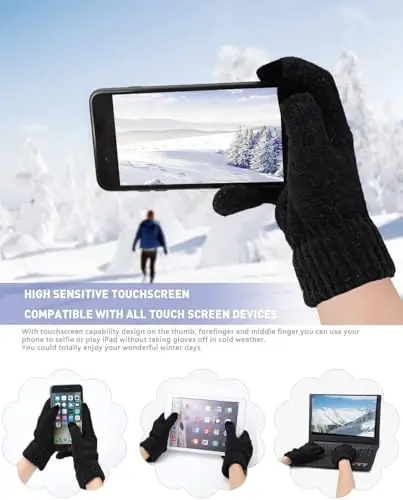 Womens Winter Knit Warm Hat Beanie Long Scarf Touch Screen Gloves Set Skull Caps Neck Scarves for Women - 3