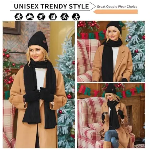 Womens Winter Knit Warm Hat Beanie Long Scarf Touch Screen Gloves Set Skull Caps Neck Scarves for Women - 6