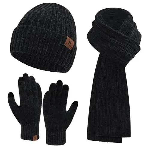 Womens Winter Knit Warm Hat Beanie Long Scarf Touch Screen Gloves Set Skull Caps Neck Scarves for Women 