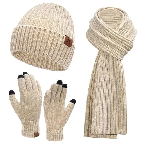 Womens Winter Knit Warm Hat Beanie Long Scarf Touch Screen Gloves Set Skull Caps Neck Scarves for Women - WOMENS