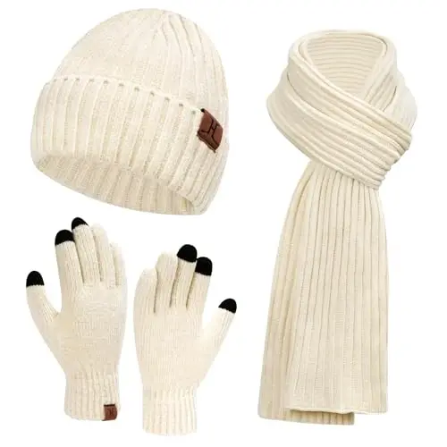 Womens Winter Knit Warm Hat Beanie Long Scarf Touch Screen Gloves Set Skull Caps Neck Scarves for Women - 1