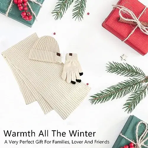 Womens Winter Knit Warm Hat Beanie Long Scarf Touch Screen Gloves Set Skull Caps Neck Scarves for Women - 6