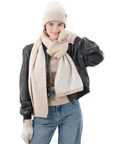 Womens Winter Knit Beanie Hats and Touchscreen Gloves Long Scarf Set with Warm Fleece Lined Skull Caps Scarves for Women - 6