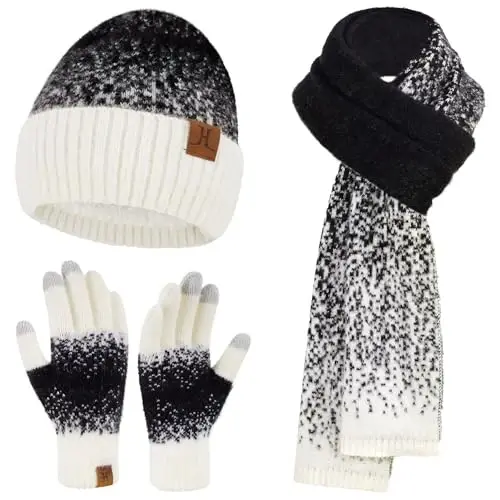 Womens Winter Knit Beanie Hats and Touchscreen Gloves Long Scarf Set with Warm Fleece Lined Skull Caps Scarves for Women 