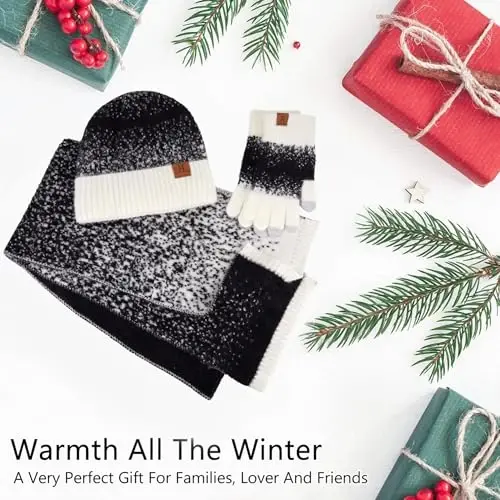 Womens Winter Knit Beanie Hats and Touchscreen Gloves Long Scarf Set with Warm Fleece Lined Skull Caps Scarves for Women - 5