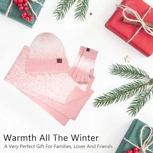 Womens Winter Knit Beanie Hats and Touchscreen Gloves Long Scarf Set with Warm Fleece Lined Skull Caps Scarves for Women - 5