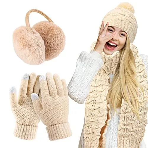 JenPen 4 Pcs Winter Hat Scarf and Gloves Set for Women Include Ear Cover Cold Weather Scarf Hat Knit Beanie Gloves - 1