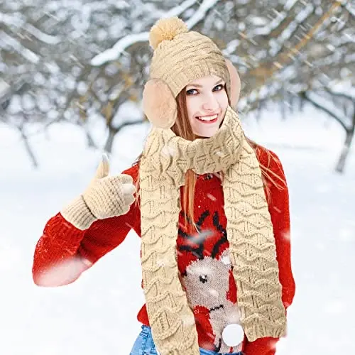 JenPen 4 Pcs Winter Hat Scarf and Gloves Set for Women Include Ear Cover Cold Weather Scarf Hat Knit Beanie Gloves - 6