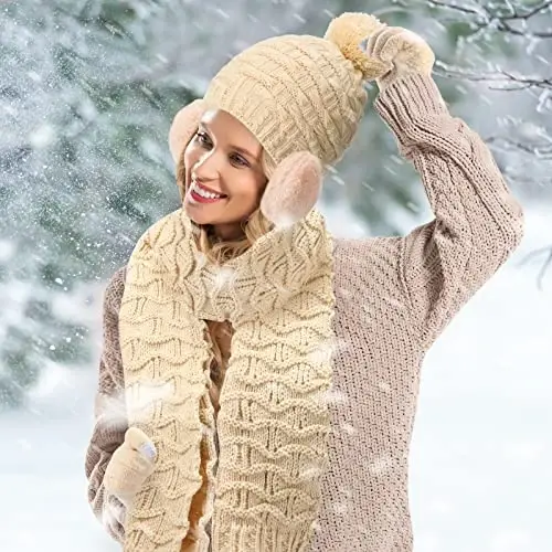 Women Winter Hats Scarf and Gloves Set for Women Including Ear Covers Cold Weather Scarves Hats Knit Beanie Scarf Glove - 7