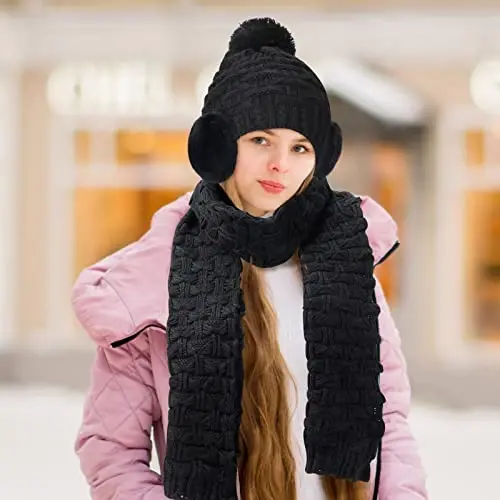 Women Winter Hats Scarf and Gloves Set for Women Including Ear Covers Cold Weather Scarves Hats Knit Beanie Scarf Glove - 7