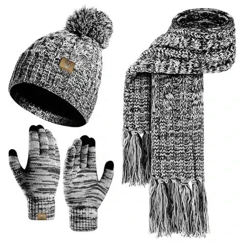 Womens Winter Warm Beanie Hat Touchscreen Gloves Lone Neck Scarf Set with Fleece Lined Pom Skull Cap Gift for Women 3PCS - 6