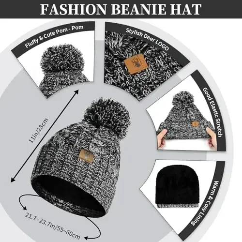 Womens Winter Warm Beanie Hat Touchscreen Gloves Lone Neck Scarf Set with Fleece Lined Pom Skull Cap Gift for Women 3PCS 