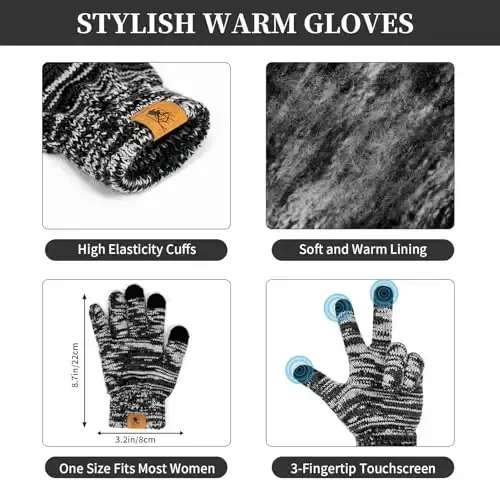 Womens Winter Warm Beanie Hat Touchscreen Gloves Lone Neck Scarf Set with Fleece Lined Pom Skull Cap Gift for Women 3PCS - HONNESSERRY (1)