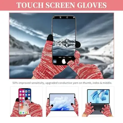 Womens Winter Warm Beanie Hat Touchscreen Gloves Lone Neck Scarf Set with Fleece Lined Pom Skull Cap Gift for Women 3PCS - 3