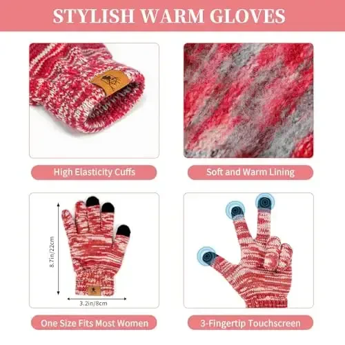 Womens Winter Warm Beanie Hat Touchscreen Gloves Lone Neck Scarf Set with Fleece Lined Pom Skull Cap Gift for Women 3PCS - WOMENS (1)