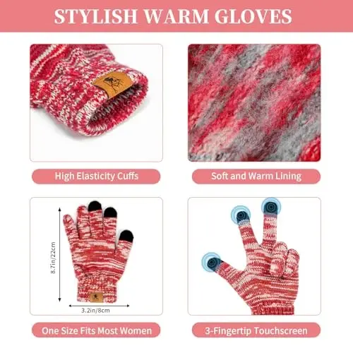 Womens Winter Warm Beanie Hat Touchscreen Gloves Lone Neck Scarf Set with Fleece Lined Pom Skull Cap Gift for Women 3PCS - 2