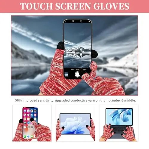 Womens Winter Warm Beanie Hat Touchscreen Gloves Lone Neck Scarf Set with Fleece Lined Pom Skull Cap Gift for Women 3PCS - 3