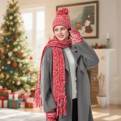 Womens Winter Warm Beanie Hat Touchscreen Gloves Lone Neck Scarf Set with Fleece Lined Pom Skull Cap Gift for Women 3PCS - 5