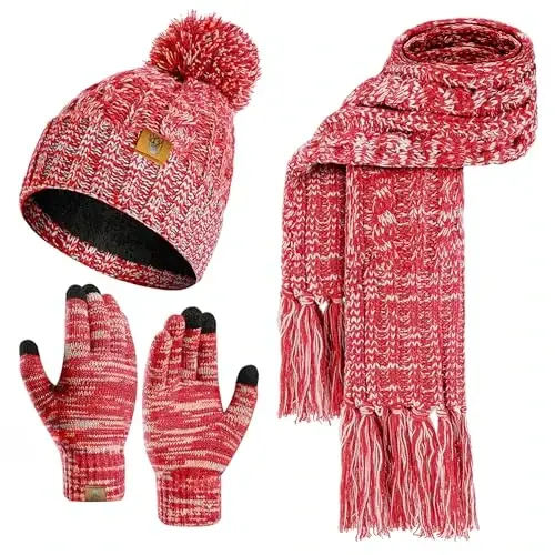 Womens Winter Warm Beanie Hat Touchscreen Gloves Lone Neck Scarf Set with Fleece Lined Pom Skull Cap Gift for Women 3PCS - 6