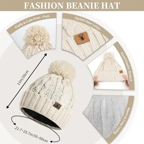 Womens Winter Warm Beanie Hat Touchscreen Gloves Lone Neck Scarf Set with Fleece Lined Pom Skull Cap Gift for Women 3PCS 